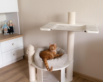 Modern Light Gray luxury cat tree with Cat Scratcher Pole and Cozy House and Cozy Cat Nest | Handmade in Ukraine