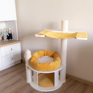 Yellow modular Cat Tree or Tower with Cat Scratcher, Cozy Cave, Pole and Cat Bed with White Lining or without