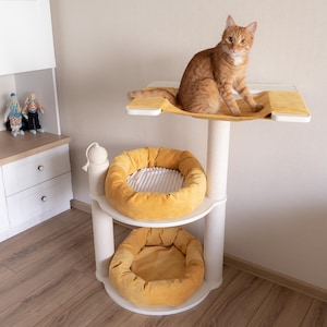 Yellow modular Cat Tree or Tower with Hammock, Cat Scratcher Pole and Cat Bed with White Linning or clear