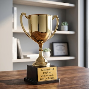 May include: A shiny gold trophy cup with two handles, mounted on a square black base. The front of the base features a gold-coloured plaque with the black text: Personalized trophies, with custom text or design. The trophy has a smooth, reflective finish.