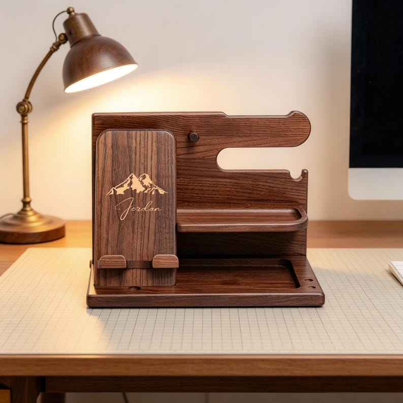 May include: A dark brown wooden desk organizer with a phone holder, small shelf, and tray. The phone holder has a mountain graphic and the name "Jordan". A vintage-style desk lamp is in the background.