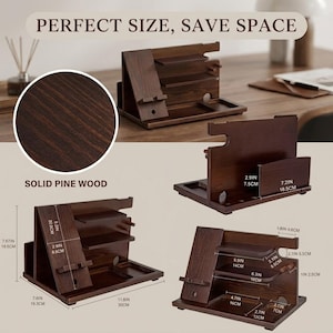 May include: A dark brown wooden desk organizer with multiple compartments and slots for phones, pens, and other office supplies. The organizer is made of solid pine wood and has dimensions of 11.8 inches by 7.8 inches by 7.67 inches.
