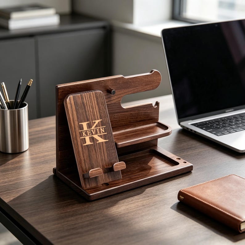 May include: A dark brown wooden desk organizer with multiple compartments for a phone, pens, and other accessories. The organizer has the name "KEVIN" and the letter "K" engraved on the front.
