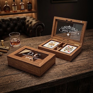 Personalized Playing Card Deck Case,Engraved Playing Card Holder,Custom Wooden Playing Card Box with Glass Lid,Unique Gift for Card Players