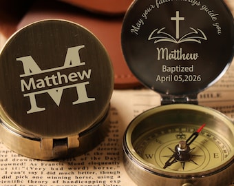 Personalized Religious Compass, Custom Engraved Baptism Gift for Boy, First Communion & Confirmation Keepsake for Grandson, Nephew, Godson