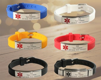 Personalized Medical Alert Bracelet,Custom Silicone Waterproof Sport Bracelet,Emergency Alert ID Bracelet,Medical Jewelry for Women/Men
