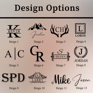 May include: A collection of twelve design options, each featuring a unique combination of letters, names, and symbols. The designs include initials, names, and decorative elements, all in a dark color against a light background. The text "Design Options" is at the top.