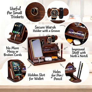 May include: A dark brown wooden desk organizer with multiple compartments. Features include a phone holder, watch holder, pen/pencil holes, and a hidden wallet slot. The organizer also has a shelf for glasses and small items. Text on the image says "Useful For Small Trinkets".