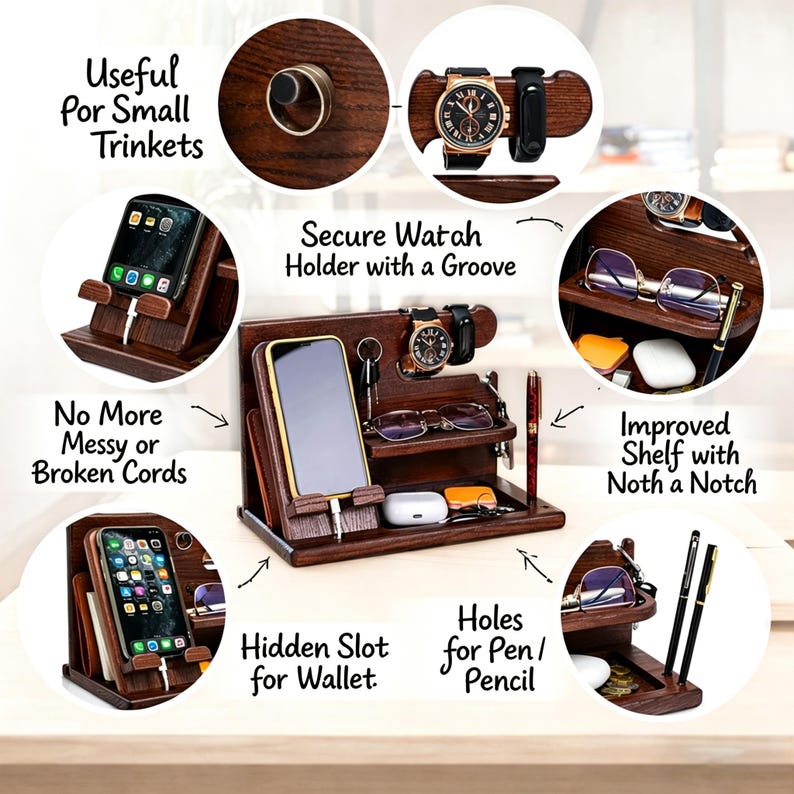 May include: A dark brown wooden desk organizer with multiple compartments. Features include a phone holder, watch holder, pen/pencil holes, and a hidden wallet slot. The organizer also has a shelf for glasses and small items. Text on the image says "Useful For Small Trinkets".