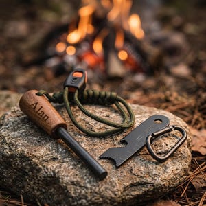Könnte beinhalten: Ein Feuerstarter-Set mit einem Holzgriff mit der Gravur "Alan", einem schwarzen Metall-Multitool und einem grünen Paracord-Armband. Die Artikel sind auf einem Stein mit einem verschwommenen Lagerfeuer im Hintergrund angeordnet.