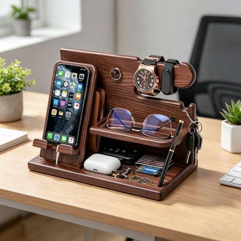 May include: A dark brown wooden desk organizer with multiple compartments. It holds a smartphone, glasses, a watch, keys, and other small items. The organizer has a charging port and a small shelf for accessories.