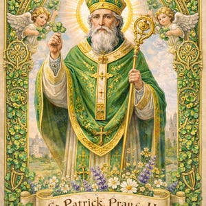 Op de afbeelding: Een illustratie van Sint-Patrick, gekleed in groene en gouden gewaden, met een klaver en een staf. Twee engelen flankeren hem, en de afbeelding is omlijst met klavers en bloemen. De banner luidt "St. Patrick, Pray for Us."