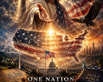 One Nation Under God Printable — Christian Patriotic American Wall Art — Jesus Cross USA Flag Decor — Digital Download