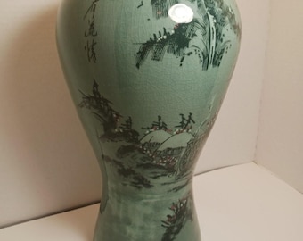 Korean Celadon Vase Crackle Glaze 14" Floral Garden, Green, Red, Signed