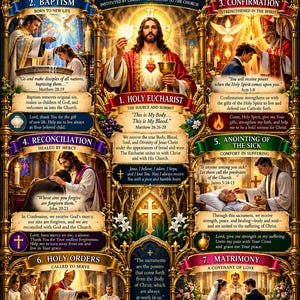 以下が含まれることがあります： 「The Seven Sacraments」と題された宗教的なポスター。華やかな金のフレームに囲まれ、洗礼、堅信、聖体、ゆるしの秘跡、病者の塗油、聖職位階、結婚の各場面が描かれており、説明文と聖句が添えられています。