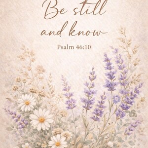 May include: Watercolor illustration featuring a floral arrangement with white daisies and purple lavender. The image has the text "Be still and know" and "Psalm 46:10" in a script font, set against a soft, beige background.
