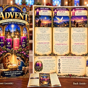 May include: A tri-fold Advent pamphlet featuring a nativity scene on the front cover with four candles labeled Hope, Peace, Joy, and Love. The interior panels contain weekly devotional text, prayers, and illustrations of biblical scenes and symbols.