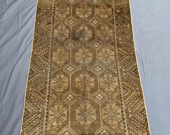 Handwoven Vintage Baluchi Afghan Rug 3.3x6.6 Ft, Traditional Geometric Design, Warm Brown Tones, Handcrafted Wool Rug