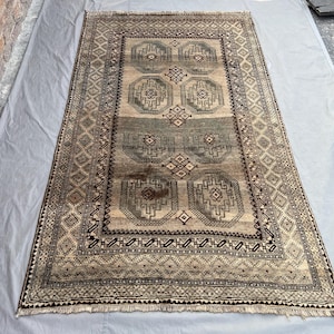 Vintage Afghan Turkoman Rug: Hand-Knotted Wool, Geometric Tribal Design (4&#39;6&quot; x 7&#39;3&quot;) teracotta rug