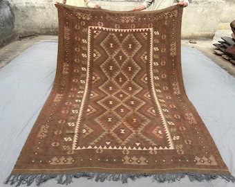 6.10 x 9.5 Ft Afghan Handmade Terracotta Kilim Rug, Large Wool Flatweave Tribal Geometric Carpet, Turkish Style Antique Boho area Decor