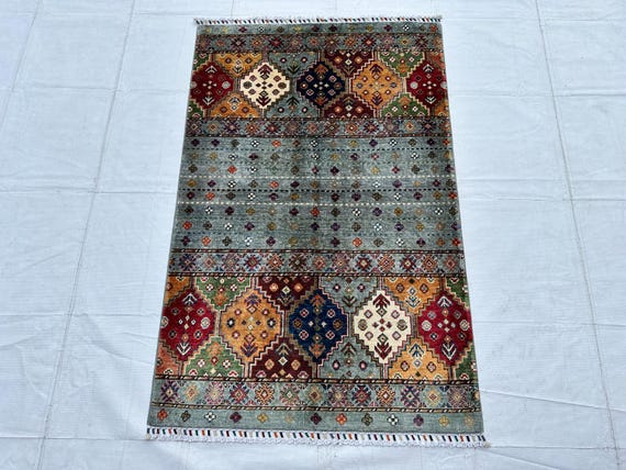 Handknotted Afghan Gabbeh Rug - 3x5 Ft Geometric Diamond Medallion, Multicolor Tribal Accent Rug, Boho Entryway Bedside Decor