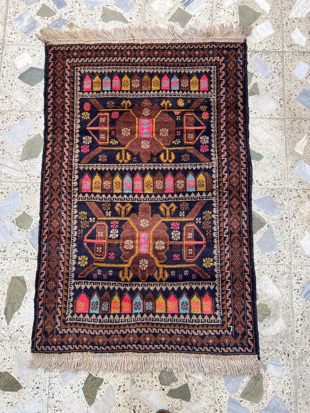 Vintage Balochi Tribal Rug, 3x4 Ft, Handwoven Wool, Dark Blue ...