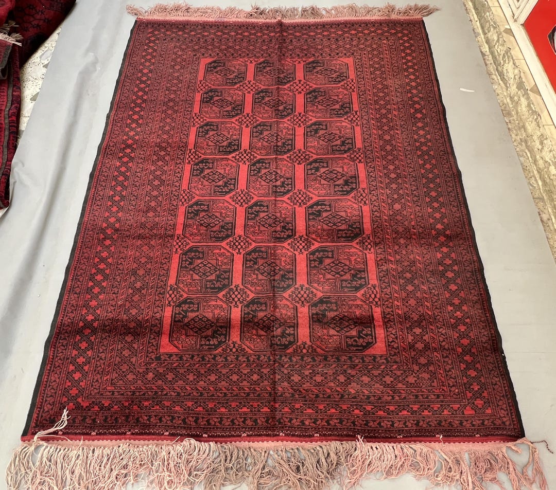 Vintage Afghan Filpai Rug, 6'6x8'6 Ft, Octagonal Gul Design, Geometric ...