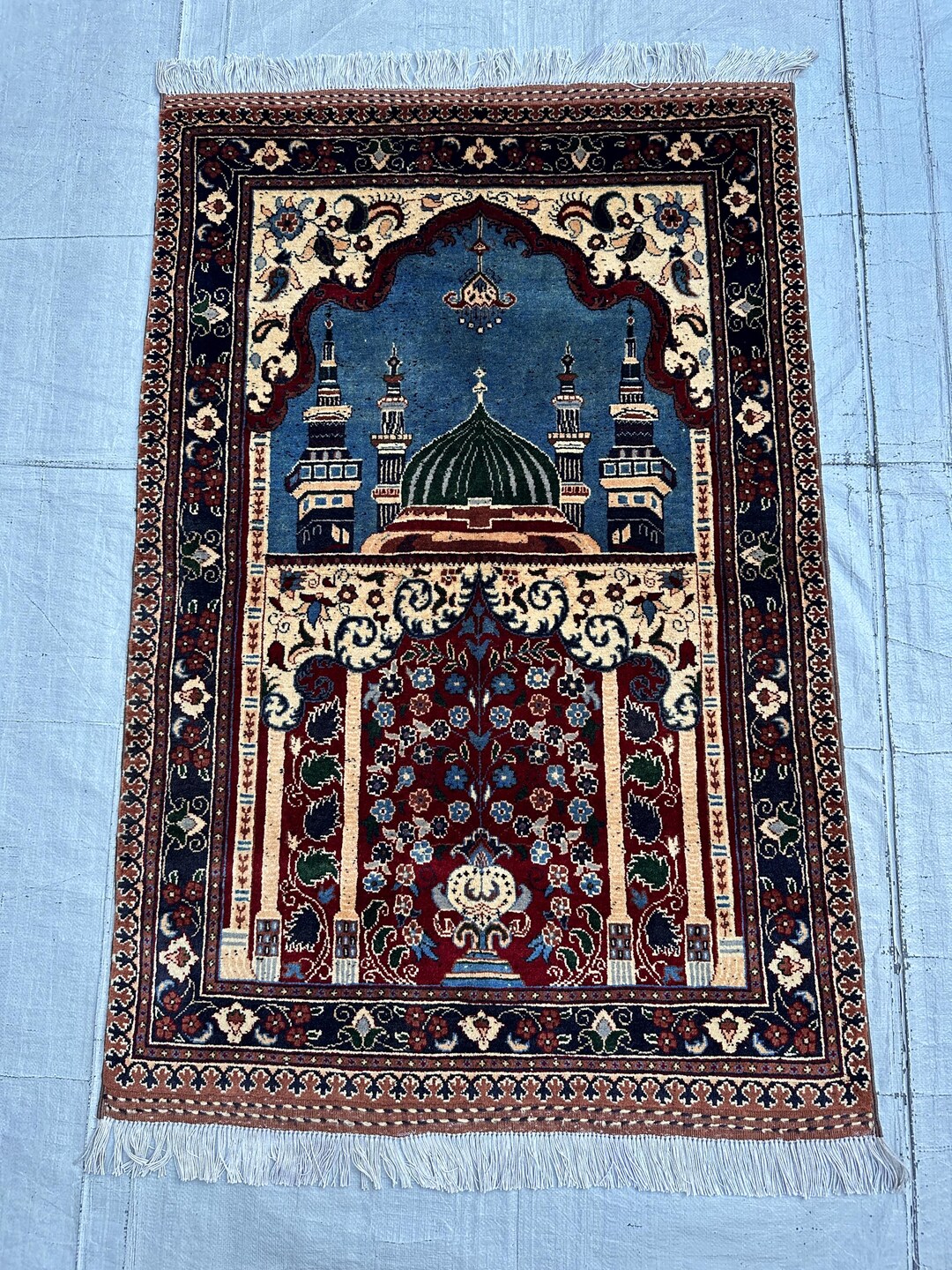 Midnight Blue Prayer Rug, 3x4 Mosque & Dome Wall Hanging, Crimson ...