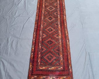 Vintage Afghan Mishwani Runner Rug 2.3x8.10 Ft, Handwoven Geometric Tribal Design, Rich Red, Orange and Brown Wool Rug, Bohemian Home Decor
