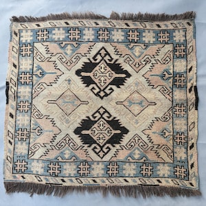 Kilim antiguo Khudrang Sumak, 2 x 3 pies, alfombra cuadrada, kilim de tejido plano, patrón geométrico, alfombra decorativa, para entrada o felpudo.