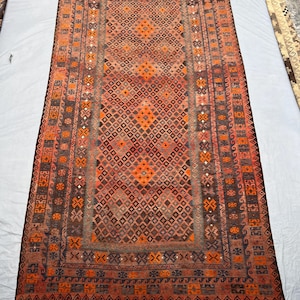Antique Afghan Kilim Rug: Terracotta Flat Weave, Geometric Design (8'5x16'3)