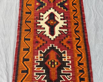 Turkmeense kelimloper 2,8 x 6,5 ft, rood, oranje, handgeweven loper, geometrisch ontwerp, wol, vintage, tribal, luxe interieur, uniek