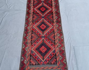Vintage 2.2x9.1 Ft Mishwani Afghan Runner Rug, Handwoven Geometric Design, Red, Blue and Black Colors, Soft Wool, Elegent Hallway Decor