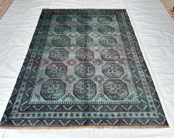 Alfombra Filpai color verde azulado apagado / Alfombra de suelo con diseño de pata de elefante de 7x9 teñida / Alfombra de lana anudada a mano en tonos tierra de salvia y rosa para una decoración moderna y orgánica del hogar