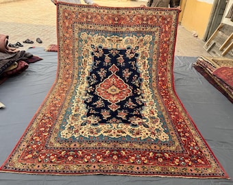 Beautiful Turkish Ispahan Style Carpet - 6.6x9.9 Ft Handwoven Red, Blue and Cream Floral Rug