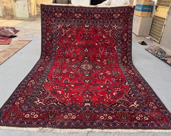 Red Navy Ivory 7.8x10.8 Ft Turkish Oriental Area Carpet, Handwoven Wool Rug, Floral Medallion Style, Vintage, Living Room Carpet