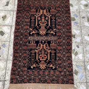 3 x 5 Ft, Vintage Afghan Ali Khoja, Handgeknüpfte Wolle, Oriental Tribal Design, Geometrisches Muster, Kleiner Teppich für Eingangsbereich, Wohnzimmer.
