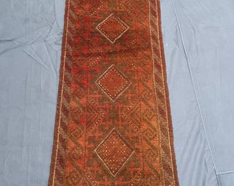 Vintage Afghan Mishwani Runner Rug 1.8x7.8 Ft, Handwoven Wool Rug, Rich Red, Brown and Orange Geometric Design, Bohemian Home Decor
