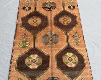 Beige Brun Grön Svart 1,2 x 2,4 m Terrakotta Turkisk Orientalisk Löpare, Vintage Tribal Handknuten Ullmatta, Boho Inredning