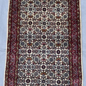 Antique Turkish Floral Rug, 3x5 Ft, Handknotted Ivory & Ruby Rose Garden Carpet, Intricate Lattice Bloom Pattern, Romantic Bedroom Accent
