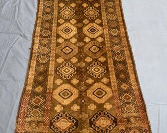 Vintage Baluchi Afghan Rug, 3.4 x 7.5 Ft, Warm Brown and Beige, Handmade Traditional Rug, Geometric Design, Home Decor