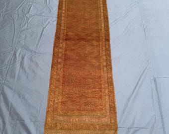 Vintage Afghan Mishwani Runner Rug 2x8.8 Ft, Handwoven Wool Rug, Soft Gold, Orange and Brown Geometric Design Rustic Bohemian Home Decor