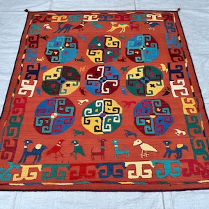 5x6 Afghan Suzani Flatweave Kilim - Vibrant Bird & Animal Motifs - Rust Red Geometric Medallion Rug - Unique Tribal Folk Art Pattern