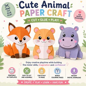 Puede incluir: Un set de manualidades en papel con figuras tridimensionales de un zorro naranja, un hámster beige y un hipopótamo morado. El texto dice Cute Animal PAPER CRAFT, PRINT CUT GLUE PLAY, FUN CREATIVE EDUCATIONAL y otras frases instructivas.