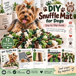 Puede incluir: Una guía PDF digital para una alfombra de olfato DIY para perros, con un Yorkshire Terrier, instrucciones paso a paso con fotos, lista de materiales y texto que incluye "DIY Snuffle Mat for Dogs" y "12 Step guide with Photos".