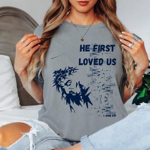 Jesus Vintage Shirt,Jesus Shirt, Easter Shirt,Christian Easter Shirt,Retro Halftone Graphic Shirt He first loved us,Unisex Shirt,Bible verse