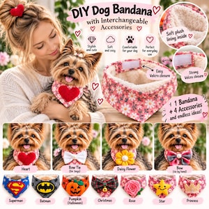 May include: A pink dog bandana with a white daisy floral pattern, featuring a soft plush lining and a Velcro closure. The set includes four interchangeable accessories: a red heart, a white bow tie, a yellow daisy, and a striped bow.