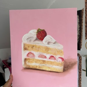 Strawberry Swirl Painting – Original Dessert Art, Strawberry Shortcake Wall Decor, Cute Food Artwork on Canvas