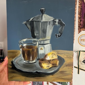 Original Oil Painting of Coffee, Moka Pot and Biscotti | Still Life Kitchen Art on Canvas Board 30x25cm - Daily Brew