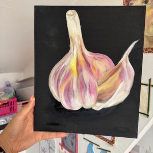 Realistic Vegetable Still Life on Canvas – Original Kitchen Wall Art – Botanical Food Decor – “Garlic Glow”